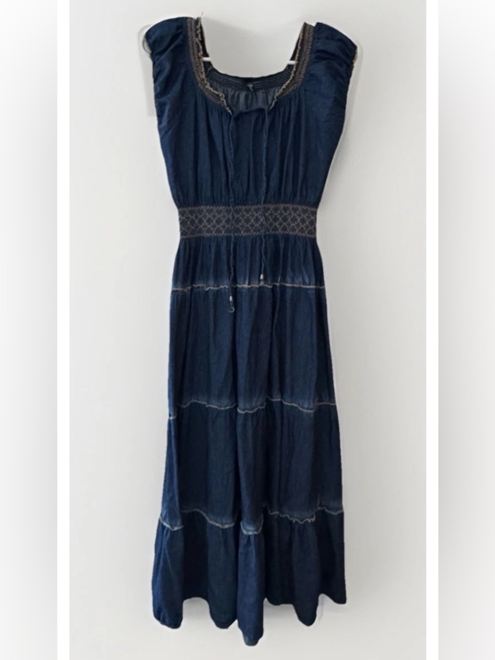 Indigo & Lace 100% Cotton Boho Tiered Maxi Dress Blue Denim Peasant Smocked SZ M